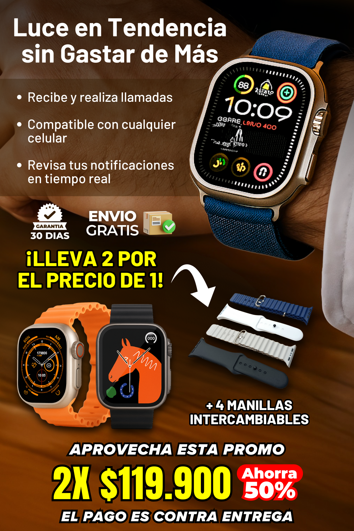 2X1 SMARTWATCH T800 ULTRA + 4 MANILLAS INTERCAMBIABLES