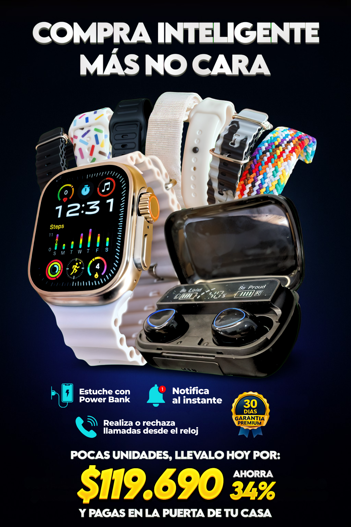 COMBO K6: Smartwatch, Auriculares M10 PRO y 7 manillas