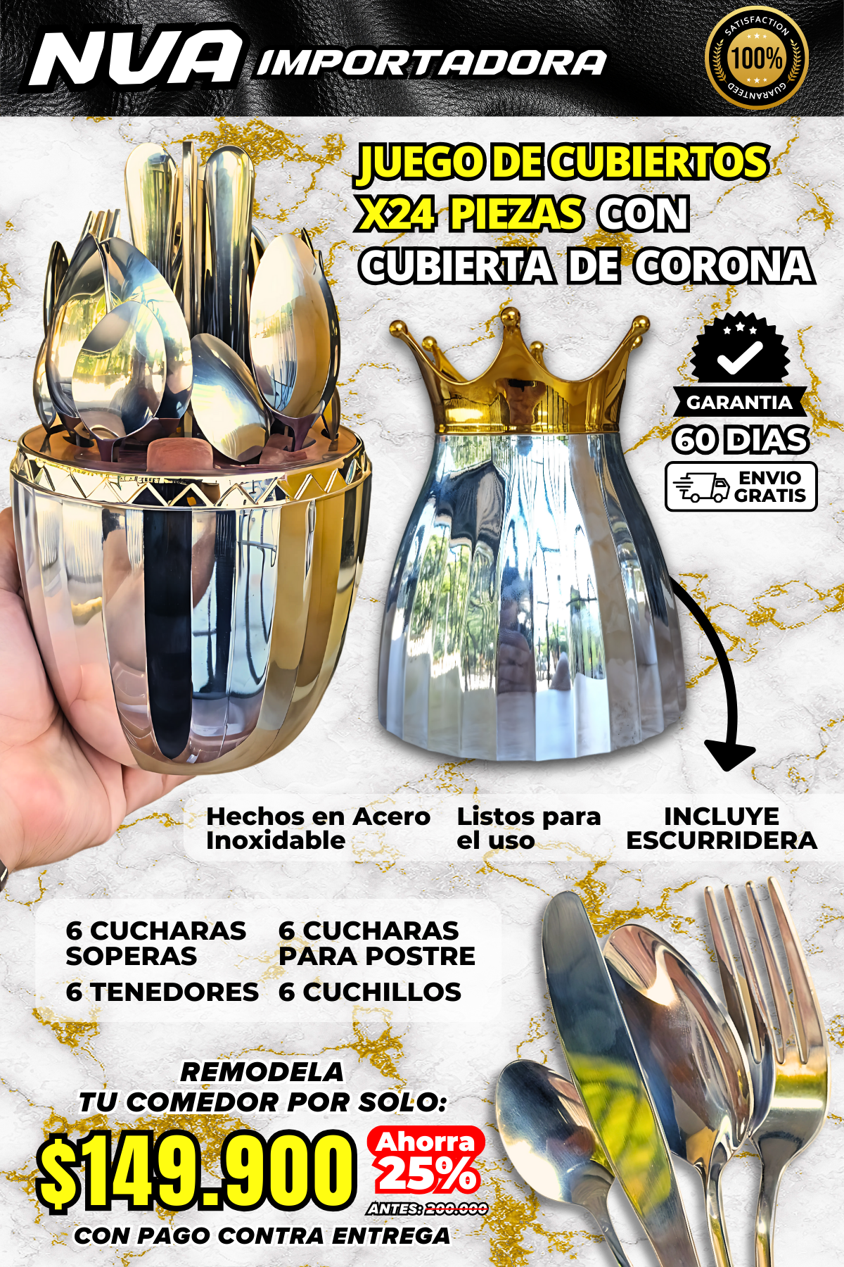 JUEGO DE CUBIERTOS X24 PIEZAS CON CUBIERTA DE CORONA