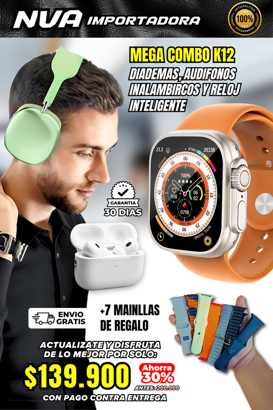 MEGA COMBO K12 DIADEMAS, AUDIFONOS INALAMBIRCOS Y RELOJ INTELIGENTE