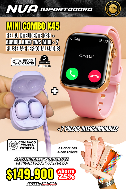 MINI COMBO K45 RELOJ INTELIGENTE, AURICULARES TWS MINI, GOMA DE PROTECCIÓN Y 7 PULSOS