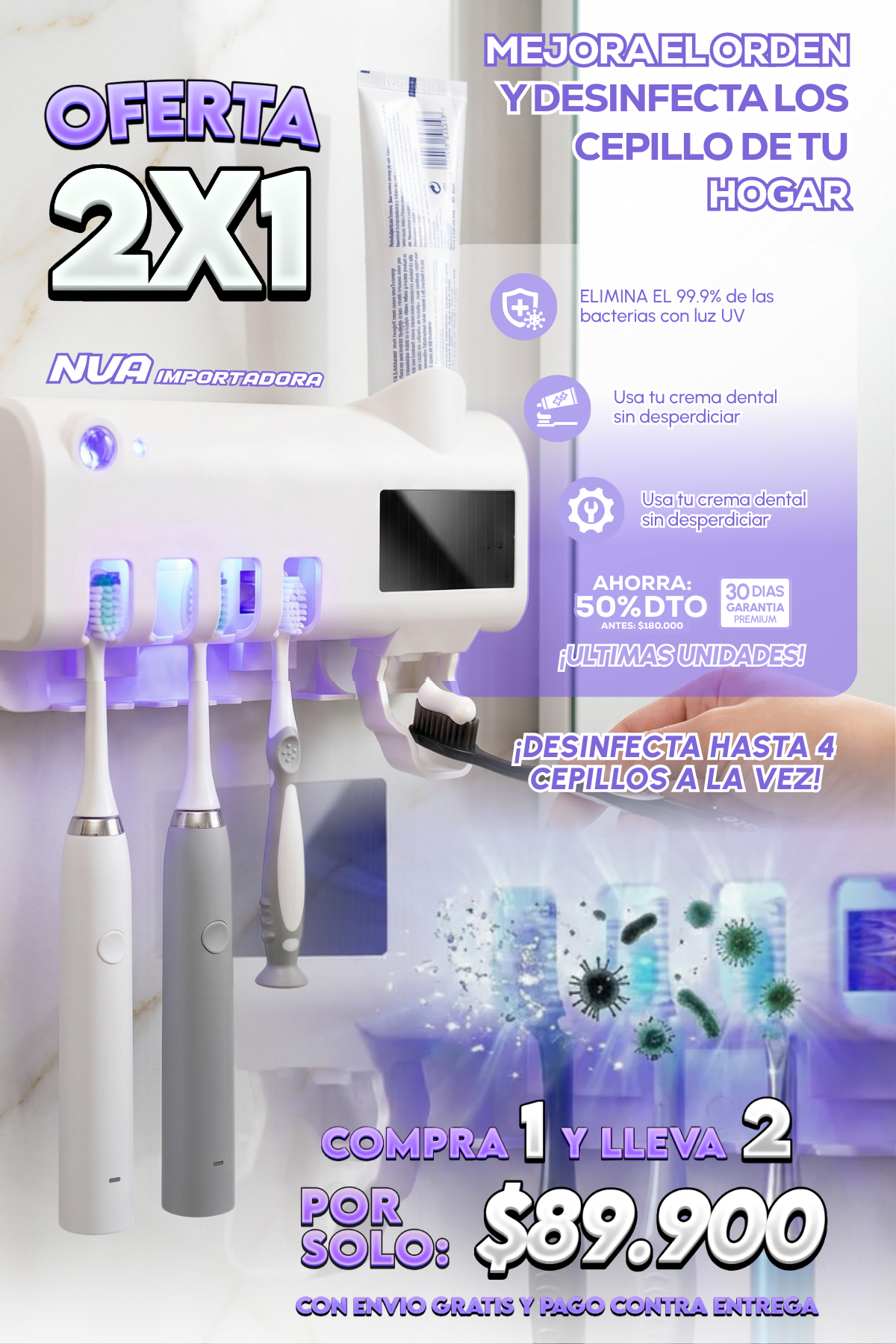 SOPORTE PARA CEPILLOS ANTIBACTERIAL + DISPENSADOR DE CREMA DENTAL
