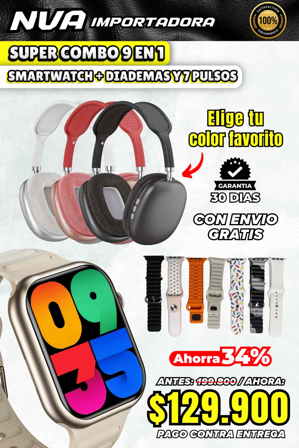Smartwatch + Diademas y 7 pulsos de regalo SUPER COMBO 9 EN 1