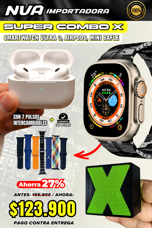 SUPER COMBO X: SMARTWATCH ULTRA 3, AIRPODS Y MINI BAFLE