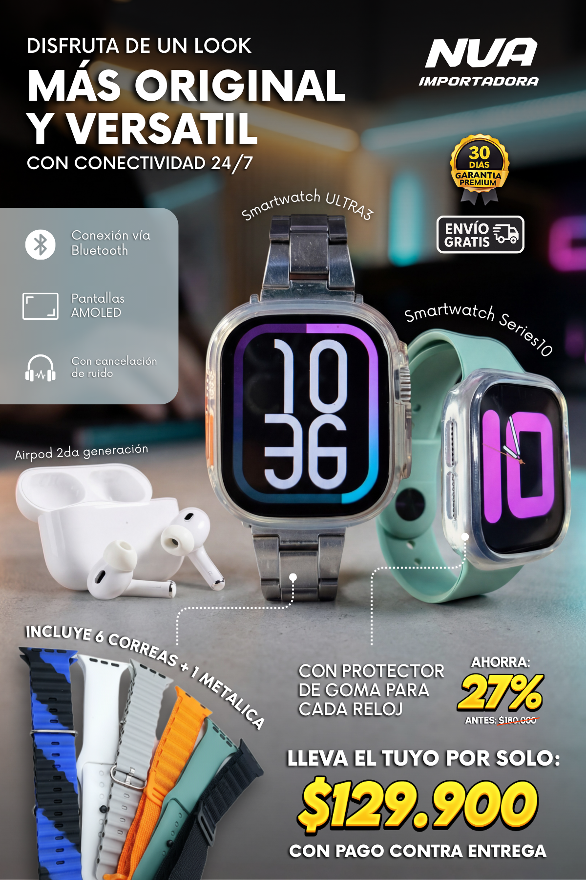 COMBO i60 2 SMARTWATCH, AIRPODS, PROTECTORES DE GOMA Y 7 PULSOS