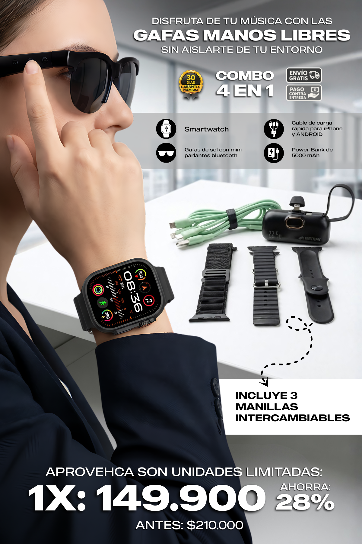 COMBO 4 EN 1: Gafas Bluetooth, Smartwatch, Power bank y cable de carga + ENVIO GRATIS