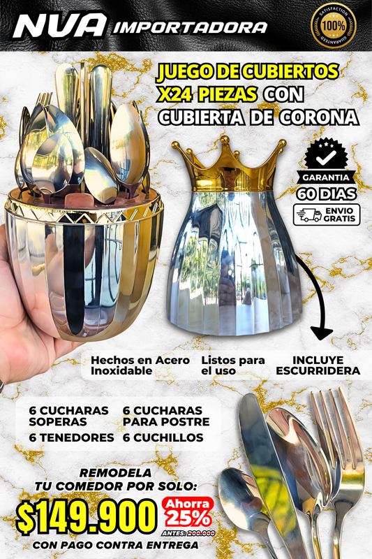 JUEGO DE CUBIERTOS X24 PIEZAS CON CUBIERTA DE CORONA