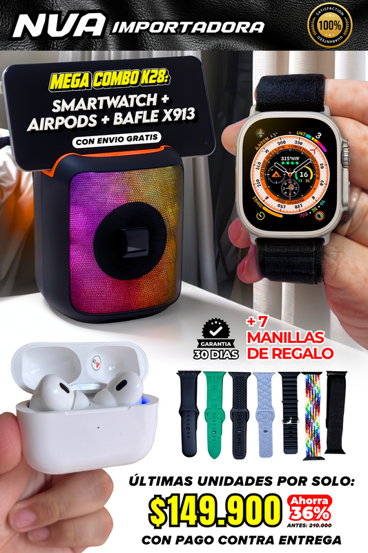 MEGA COMBO K28: BAFLE RGB, SMARTWATCH Y AIRPODS PRO