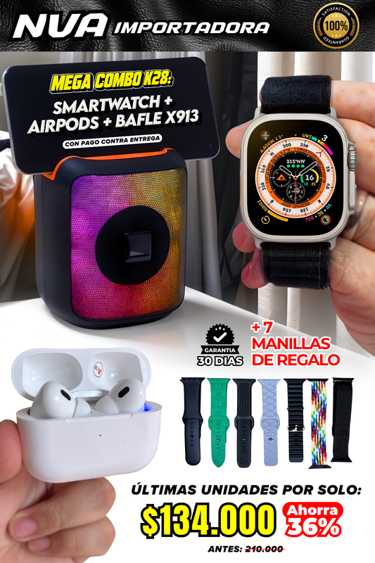 MEGA COMBO K28: BAFLE RGB, SMARTWATCH Y AIRPODS PRO