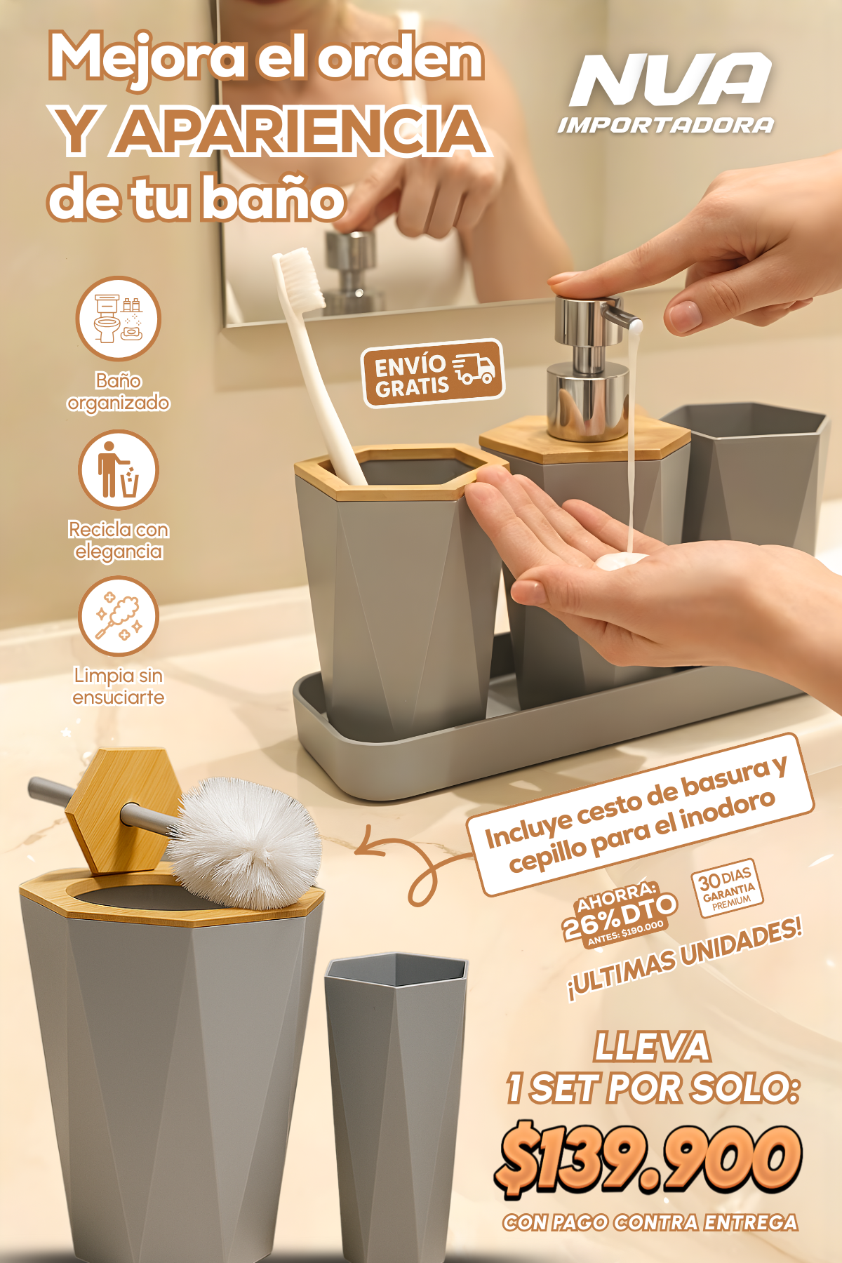 SET DE 7 PIEZAS DE LUJO PARA ORGANIZAR EL BAÑO ¡CON ENVIO GRATIS!