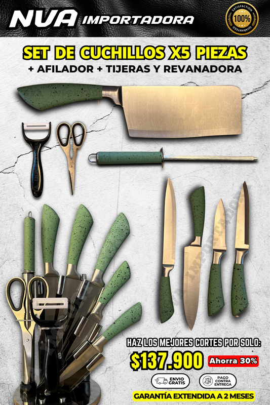 SET DE CUCHILLOS X5 PIEZAS + AFILADOR + TIJERAS Y PELADORA