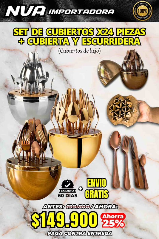 SET DE CUBIERTOS X24 PIEZAS + CUBIERTA Y ESCURRIDERA