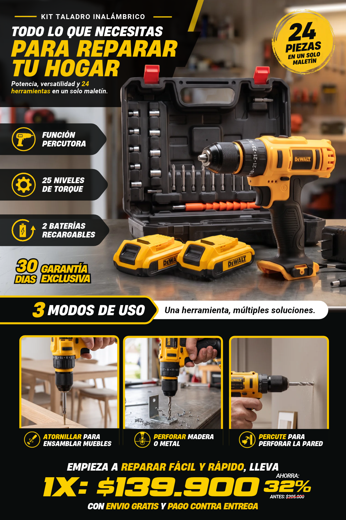TALADRO INALAMBRICO DEWATL DE 24 PIEZAS