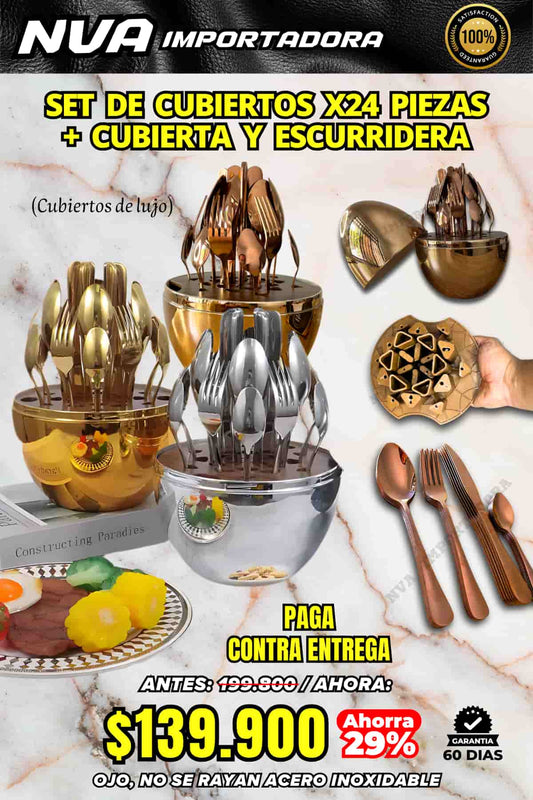 SET DE CUBIERTOS X24 PIEZAS + CUBIERTA Y ESCURRIDERA.